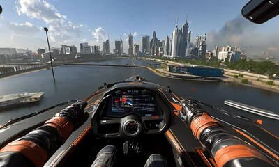 Futuristic cockpit view of a high-speed hovercraft racing over a city skyline with waterway - Powered by Adobe