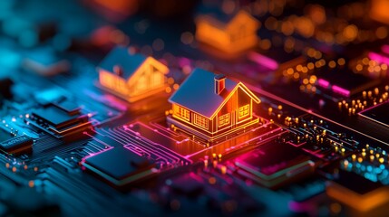 Innovative smart home technology digital circuit board 3d visualization futuristic environment close-up view integration concept