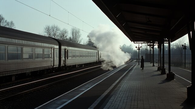 An empty train platform with a distant train trailing smoke, set against a hazy sky, evokes a sense of solitude and anticipation.