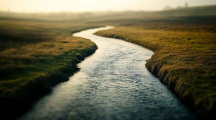 Fototapeta premium A winding river flows gently through expansive, open landscapes, capturing the essence of untamed beauty and serene tranquility.