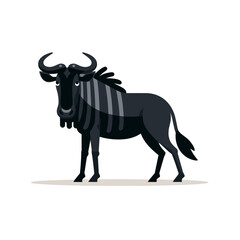 Black wildebeest illustration with curved horns and distinctive mane. Perfect for African wildlife education, safari tourism materials, and animal conservation messaging.