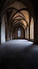 Fototapeta premium Medieval Hallway with Arched Vaults and Stone Columns Architecture