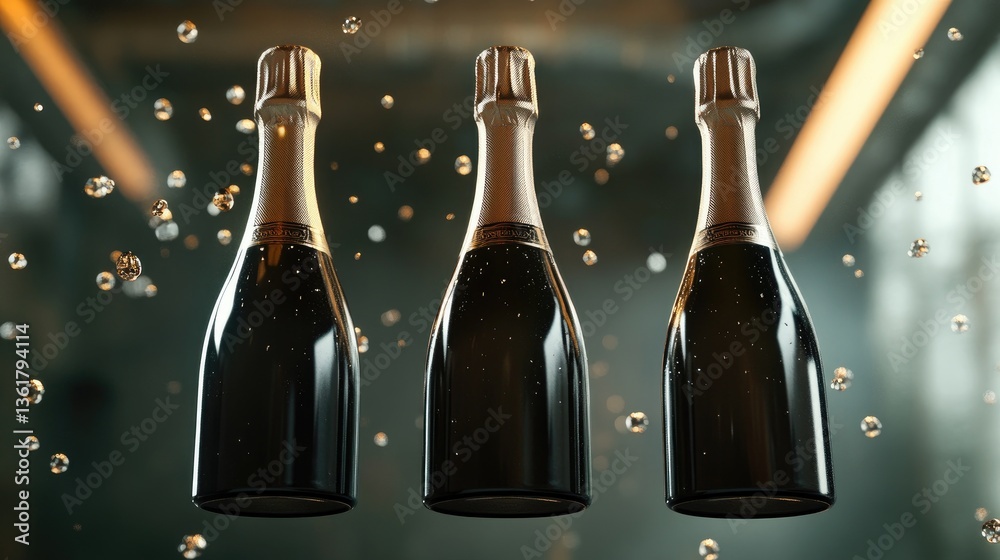Poster three bottles of champagne floating in a sophisticated design, symbolizing celebration and high-end 