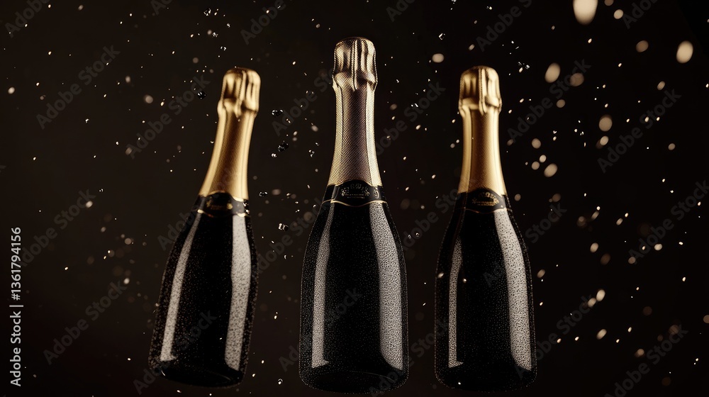 Poster three bottles of champagne floating in a sophisticated design, symbolizing celebration and high-end 