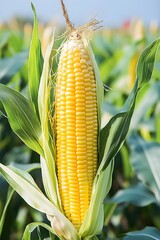Ripe Yellow Corn Cob in Green Field Agriculture