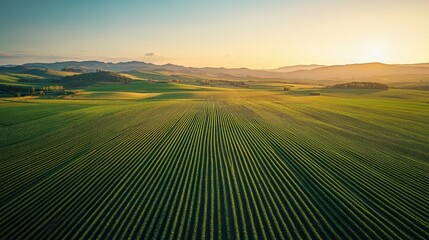 Obraz premium Lush green crops stretch into the horizon, meeting distant, hazy mountain peaks. Use for agriculture, nature, or rural landscapes, evoking a sense of serenity.