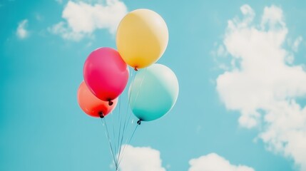 Fototapeta premium Colorful helium balloons ascend into the bright blue sky, drifting among fluffy white clouds on a cheerful day of endless possibilities and joy
