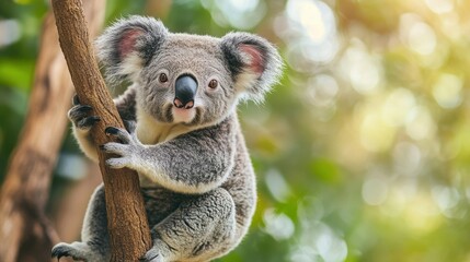 Naklejka premium Curious koala exploring a tree branch in the lush Australian wilderness during the golden hour, full of wonder and charm