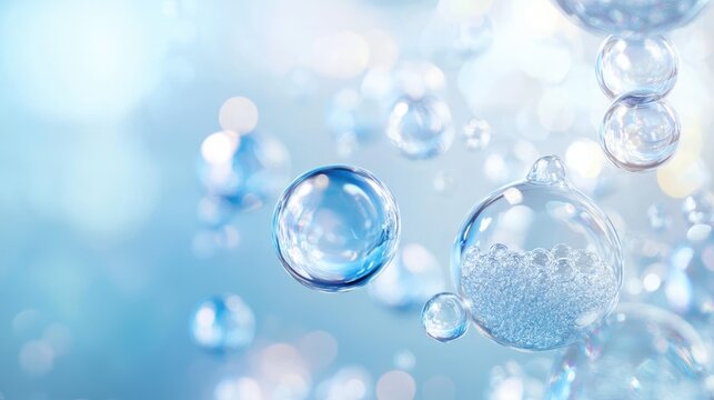 Transparent gel spheres representing skincare ingredients like coenzyme Q10 and hyaluronic acid, with a clean, abstract background for dermatology and beauty applications.