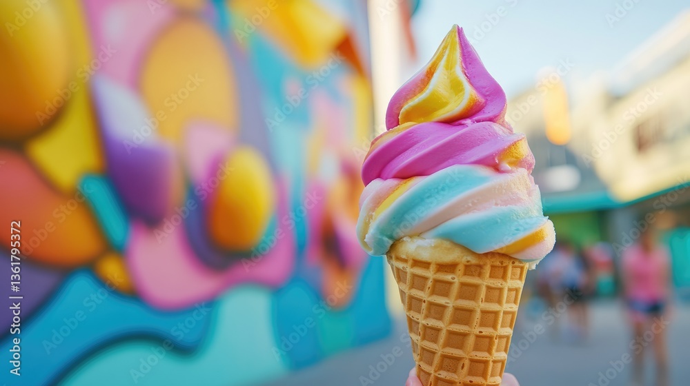 Poster vibrant and colorful ice cream cones against an urban backdrop, captured in a dynamic urban explorat