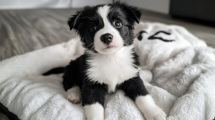 Cuddly black-and-white puppy gazes with curiosity while resting on a cozy dog bed, embodying pure innocence and joy in a heartwarming setting