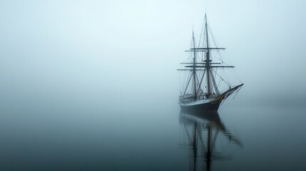 Fototapeta premium A lone, majestic ship emerges hauntingly from thick fog, its reflection softly mirrored in the glassy sea, evoking mystery and adventure.