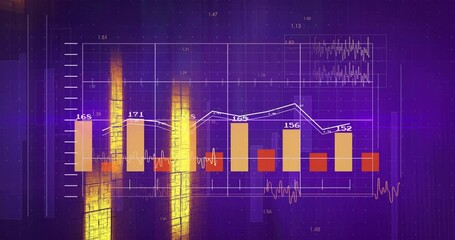 Fluctuating financial graph and bar chart on purple background, animation style - Powered by Adobe