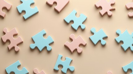 Fototapeta premium Pastel puzzle pieces, scattered, flat lay. Background neutral color, possible for use in education, design inspiration