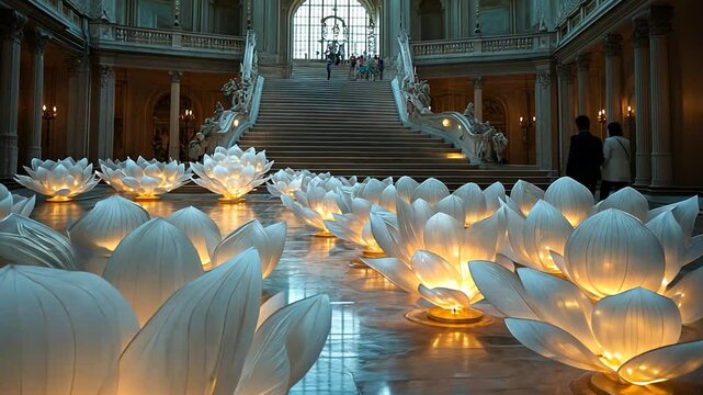 Elegant illuminated lotus flowers in a grand hall with ornate staircase