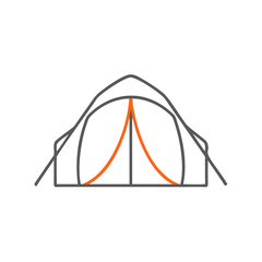 Outline of a camping tent with orange accents, minimalist style illustration, suitable for outdoor adventure themes, camping gear promotion, travel brochures, and nature exploration resources.