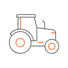 A simple, stylized agricultural tractor icon in a minimalistic design, utilizing bold lines and orange accents, representing modern farming equipment for agricultural purposes.