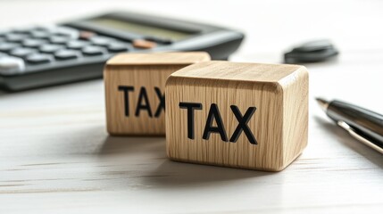 Wooden cubes displaying the word tax placed next to a calculator and pen, offering a visual representation of tax planning and financial management on a clean white background