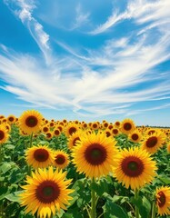 Fototapeta premium Vast field of sunflowers under a brilliant blue sky, yellow, sunny, plants
