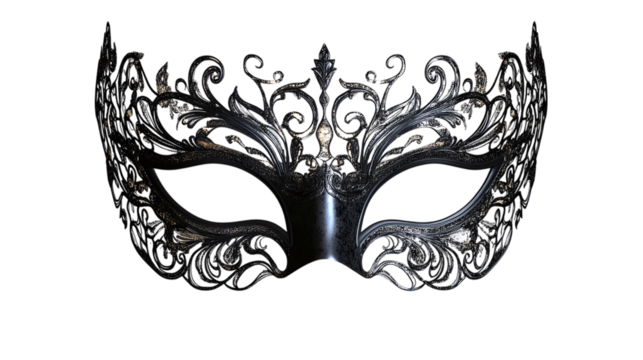 Elegant black masquerade mask with intricate designs, - Powered by Adobe