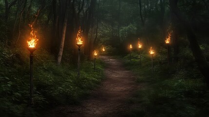 Obraz premium A Dimly Lit Forest Path Illuminated By Flaming Torches At Night