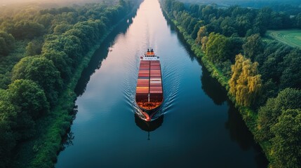 Fototapeta premium Container ship navigating a serene river surrounded by lush landscapes