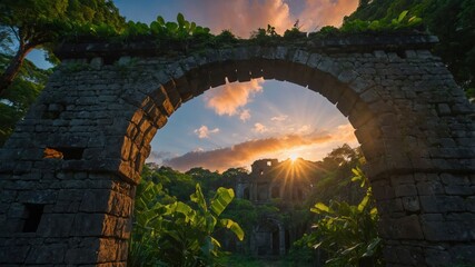 A stone archway in lush greenery frames a sunset, highlighting the beauty of nature and ancient ruins.