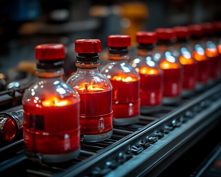 A close up view of a production line of filled bottles