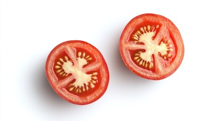 Two halved cherry tomatoes, studio shot, food photography, for use in a healthy eating campaign