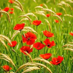 Obraz premium Vibrant red poppies bloom amidst swaying grasses in a sun-drenched summer meadow, summer meadow, beauty