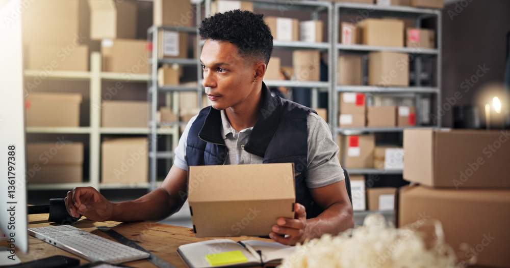 Poster Man, check and computer with box for distribution of inventory management, online order and stock. Person, package and feedback for supply chain, quality control and information for delivery schedule