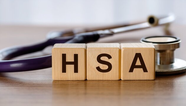 Close-up of wooden blocks spelling HSA, with a stethoscope in the background, illustrating health savings accounts.