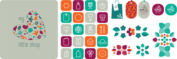 Charte graphique pour boutique de fleurs et fleuriste, créateur floral, herboriste, floriculteur ou floraliste. Modèles vectoriels modifiables et ajustables pour une personnalisation complète