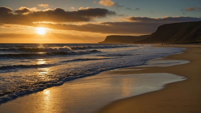 A serene beach at sunset with gentle waves and cliffs in the background.