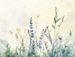 Watercolor wildflower meadow with delicate blues, purples, yellows, and greens evokes a sense of peaceful serenity and gentle beauty.