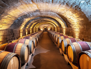 Vast cellar showcasing rows of wooden barrels in wine storage