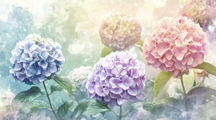 Watercolor painting of hydrangeas in soft pastel hues of pink, purple, and blue, with green foliage. Art showcases gentle tones.