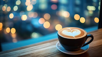 Obraz premium A coffee cup with latte art by a window at night