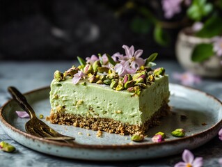 Side view of a perfect piece of delicious pistachio cake dessert on a plate decorated with pink tender flowers on dark blurred background