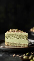 Side view of a perfect piece of delicious pistachio cake dessert on a plate isolated on black background