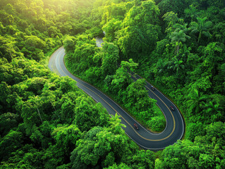 Winding road through lush green forest during bright daylight