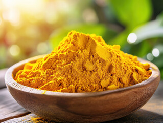 Bright yellow turmeric powder in a wooden bowl on a table