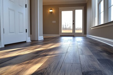 Obraz premium Vinyl flooring installation with wood grain details, white doors, grey walls, and warm, inviting tones.