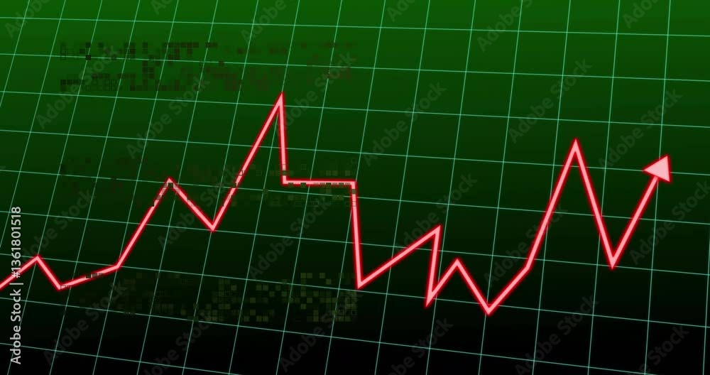 Poster red line graph on green grid background showing fluctuating data trends