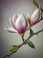 Magnolia branch with one fully opened flower and a few smaller buds beginning to bloom.