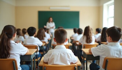 Group schoolchildren sit desks in classroom. Teacher explains lesson near blackboard. Students attentively listen to educator. Education, learning, school concept. Back view pupils in class.