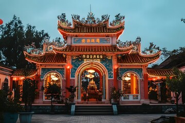 Fototapeta premium Beautifully illuminated traditional temple at dusk with vibrant decorations and serene surroundings