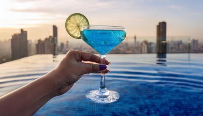 Obraz premium Clear cocktail glass in one hand at panoramic rooftop pool