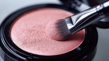 A close-up of a soft pink blush compact being lightly dusted with a brush.