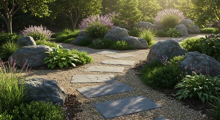 Obraz premium Serene garden path gently curves through sun-dappled rocks. AI Generated